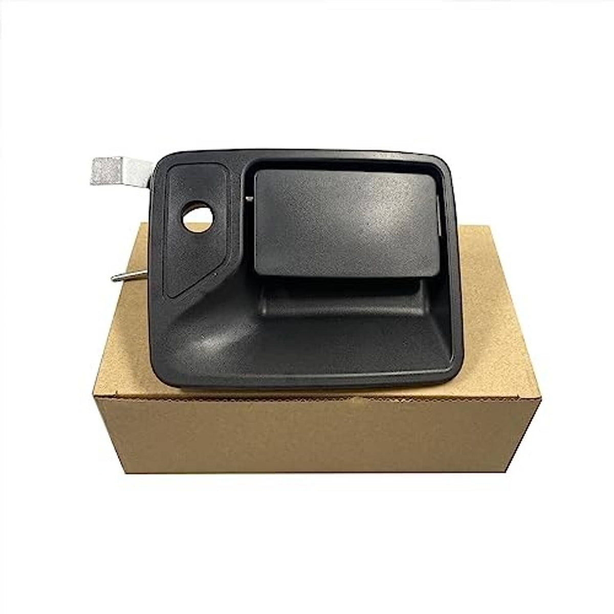 Black textured exterior door handle with round keyhole opening and mounting bracket