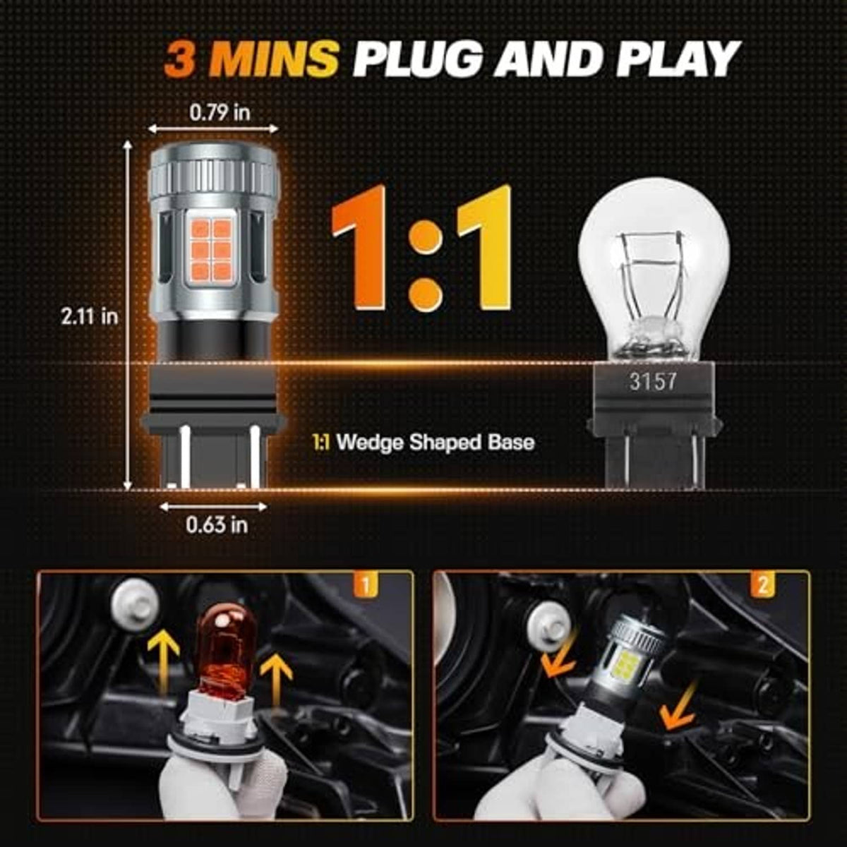 Wedge-base amber LED turn signal bulb with front SMD array