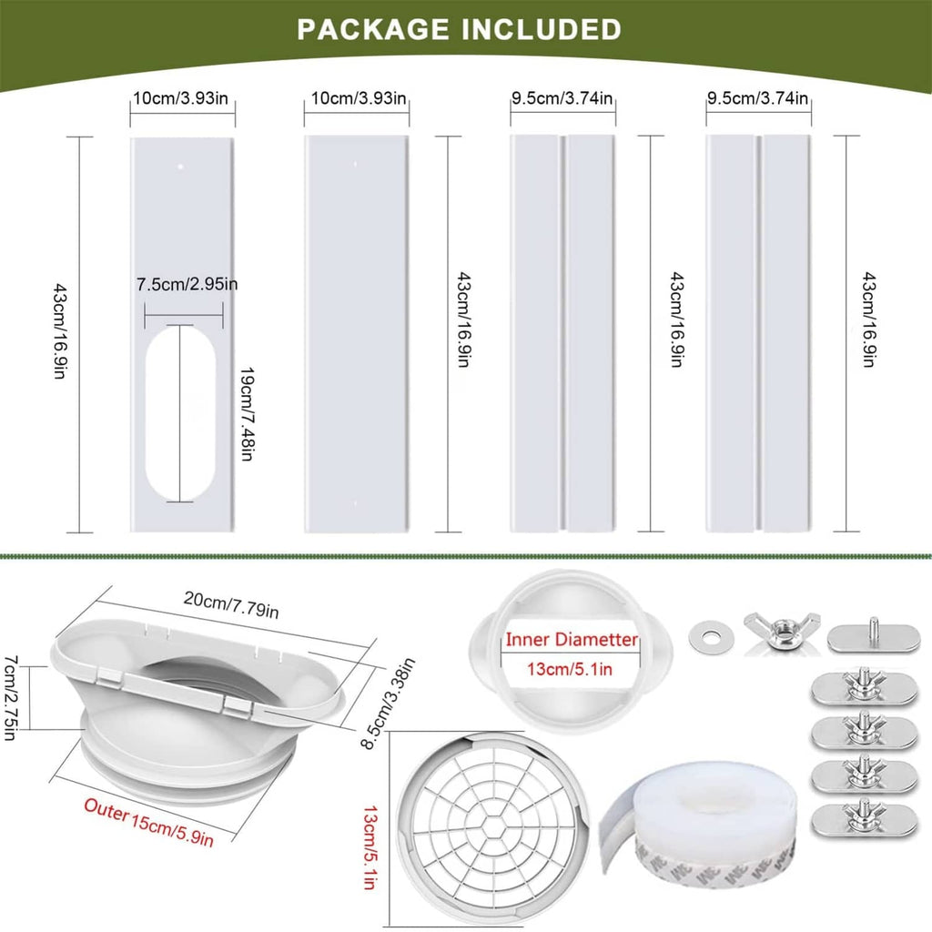 Package includes adjustable window seal panels, hose port, fan grille, and mounting screws