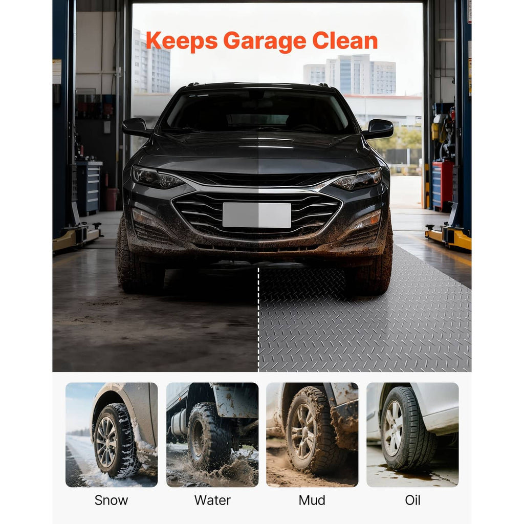 Silver gray diamond-plate PVC mat covering the garage floor beneath a parked car.