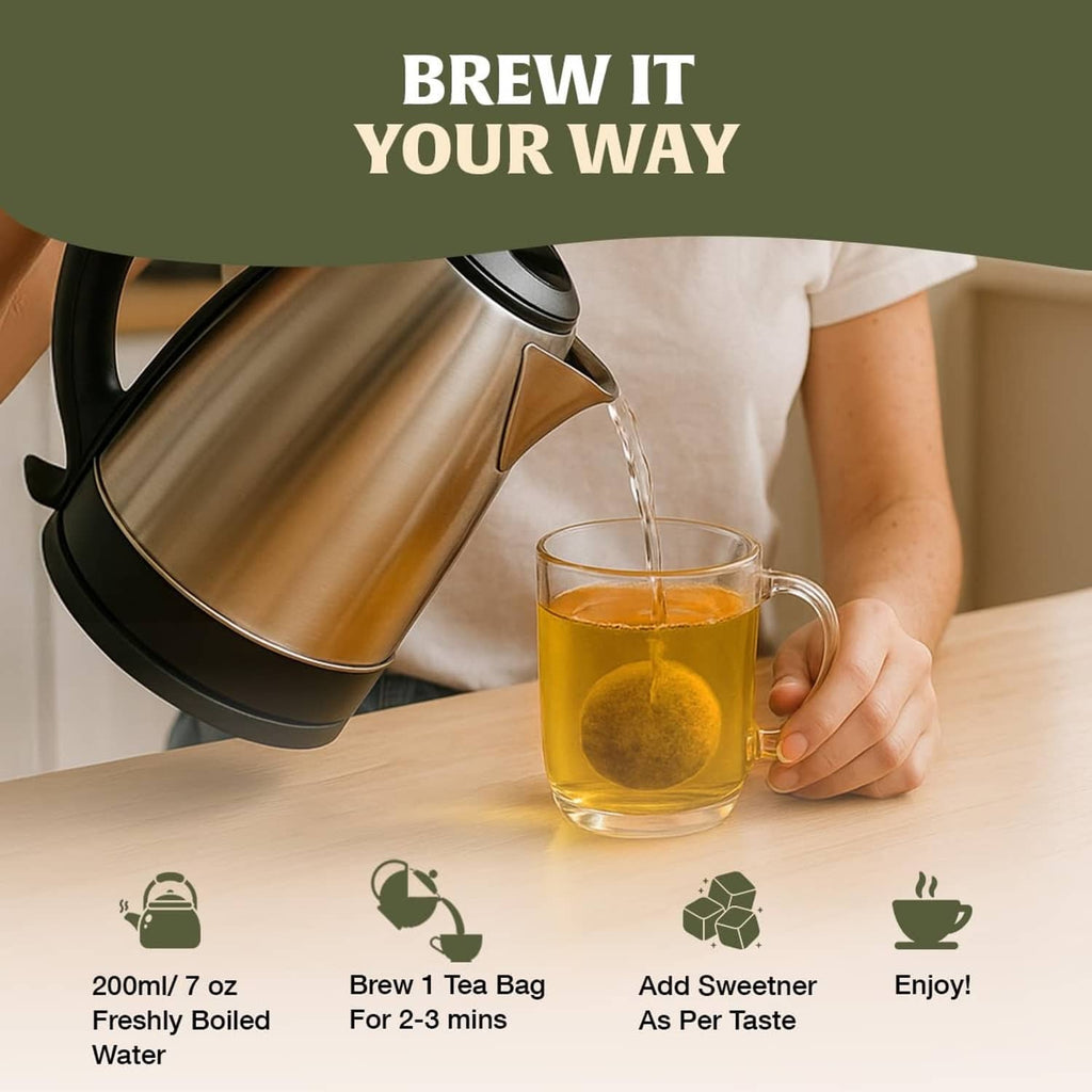 Tulsi tea herbal infusion: kettle pouring into a cup with tea bag inside