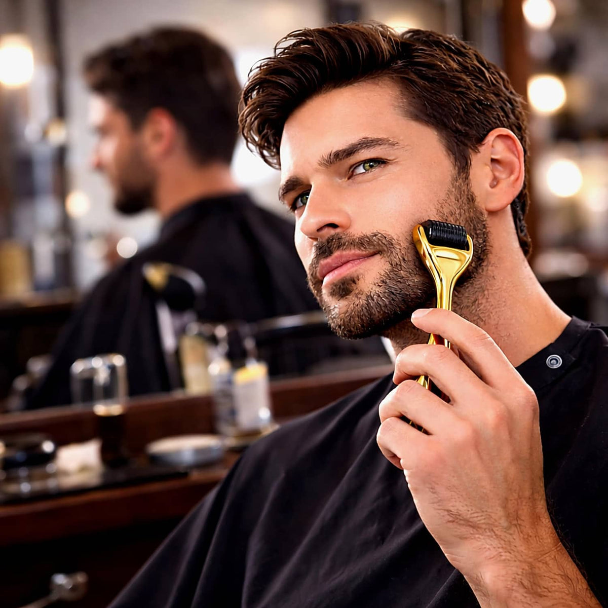 Gold microneedle derma roller used on beard area