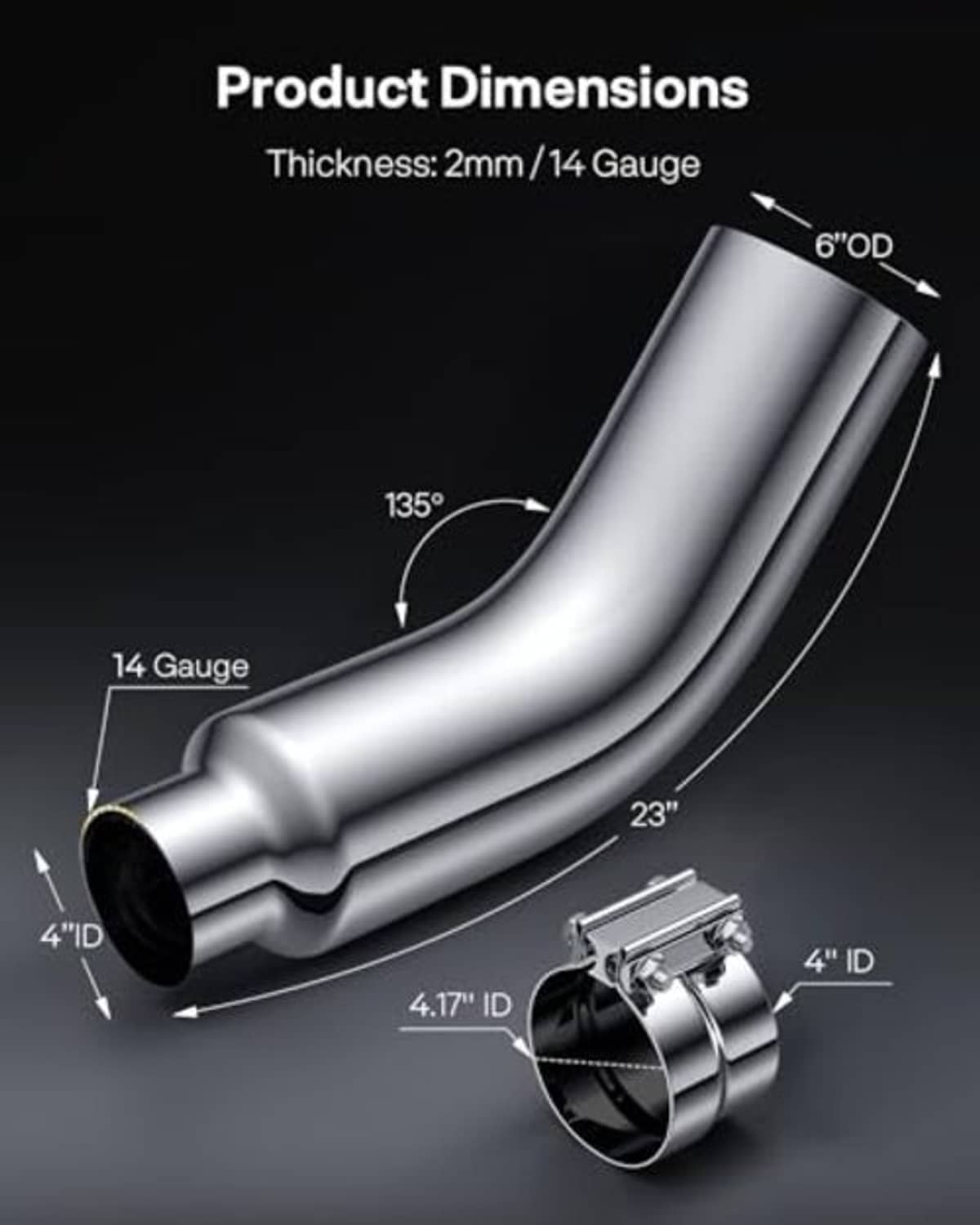 Exhaust elbow with clamp shown with measured 4 inch ID and 6 inch OD bend