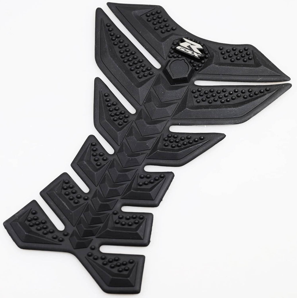 Black 3D rubber tank pad with raised grip dots, angled channels, and small center logo