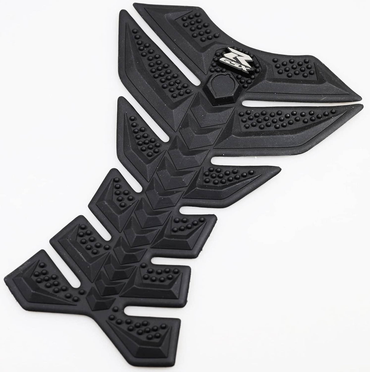 Black 3D rubber tank pad with raised grip dots, angled channels, and small center logo