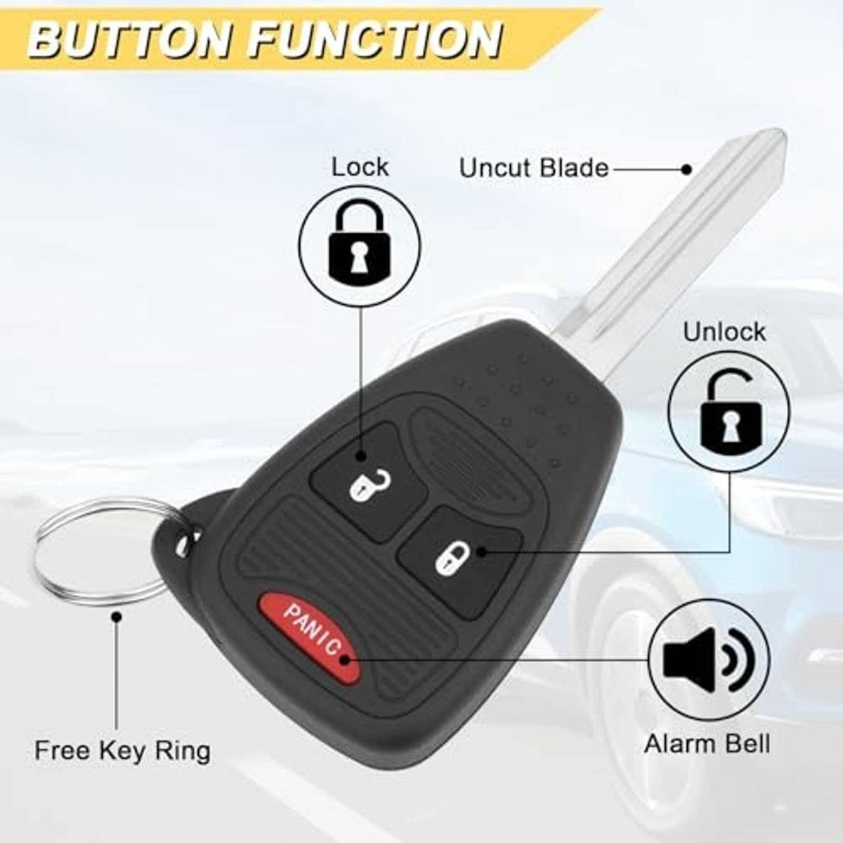 Black key fob with lock and unlock icons, red PANIC button, and alarm bell diagram