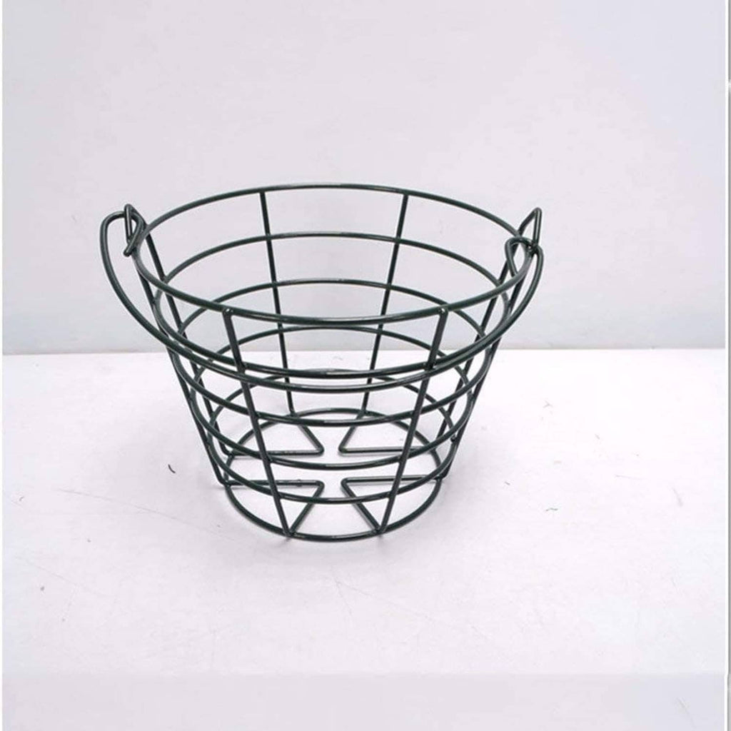 Dark metal round golf ball basket with curved wire bars and side carrying handles