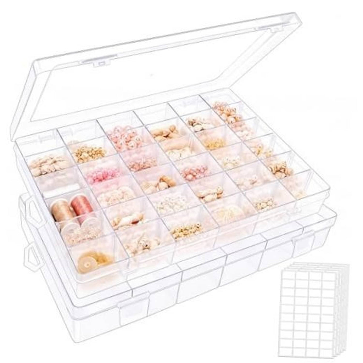 Clear plastic bead organizer box with hinged lid and grid compartments, 2-pack.