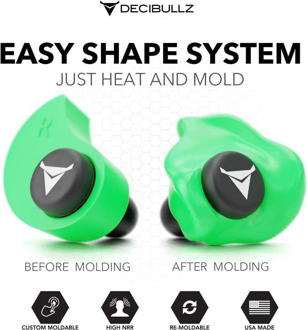 Pair of green custom-moldable earplugs, before-and-after molding view