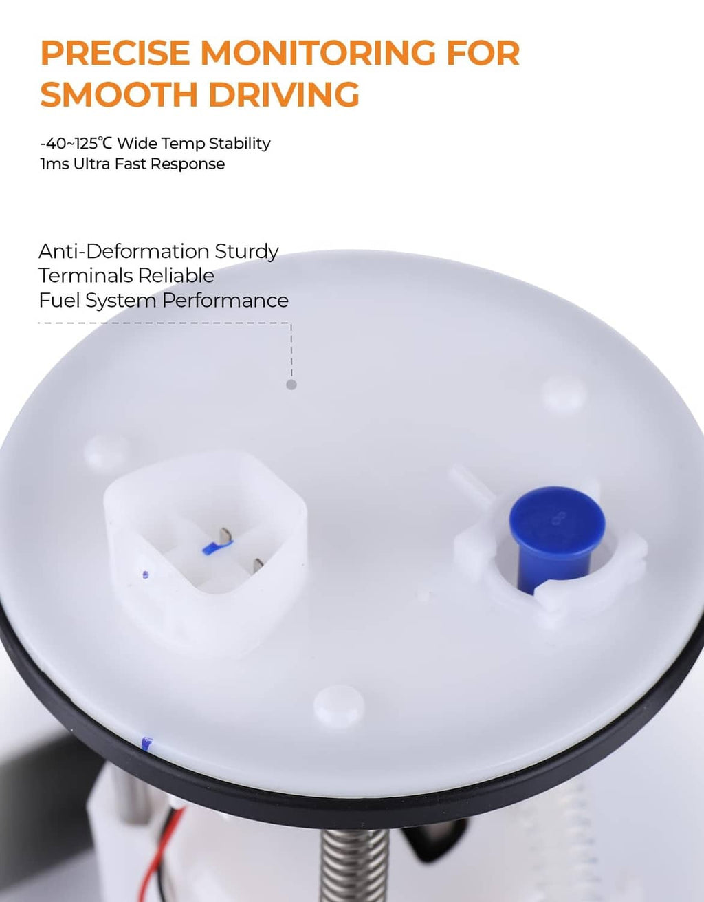 Fuel pump module cross-section with blue cap and white internal components