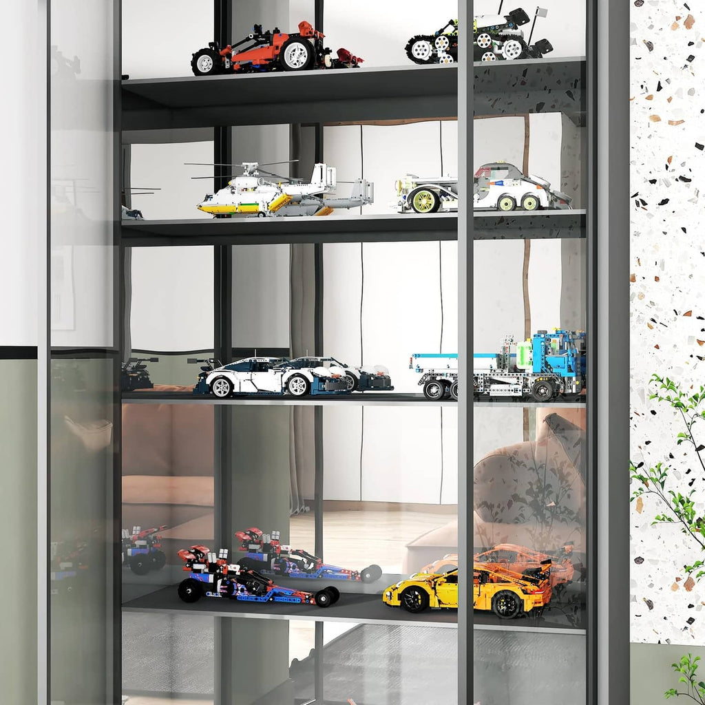 Mirror sticker film applied to shelving for a reflective, mirror-like backdrop