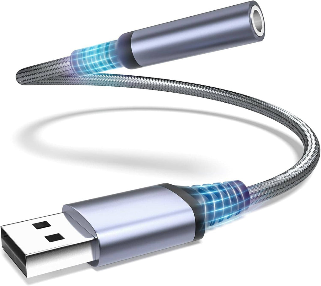 USB-A to 3.5mm audio jack adapter cable, gray braided with blue accent rings.