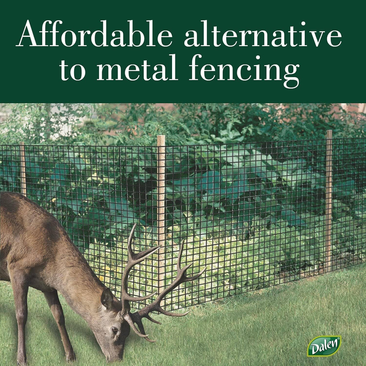 Garden deer netting fence with dark grid mesh, with deer standing nearby