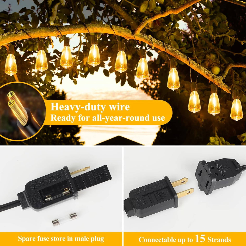 Outdoor string lights with heavy-duty black wire and grounded male plug