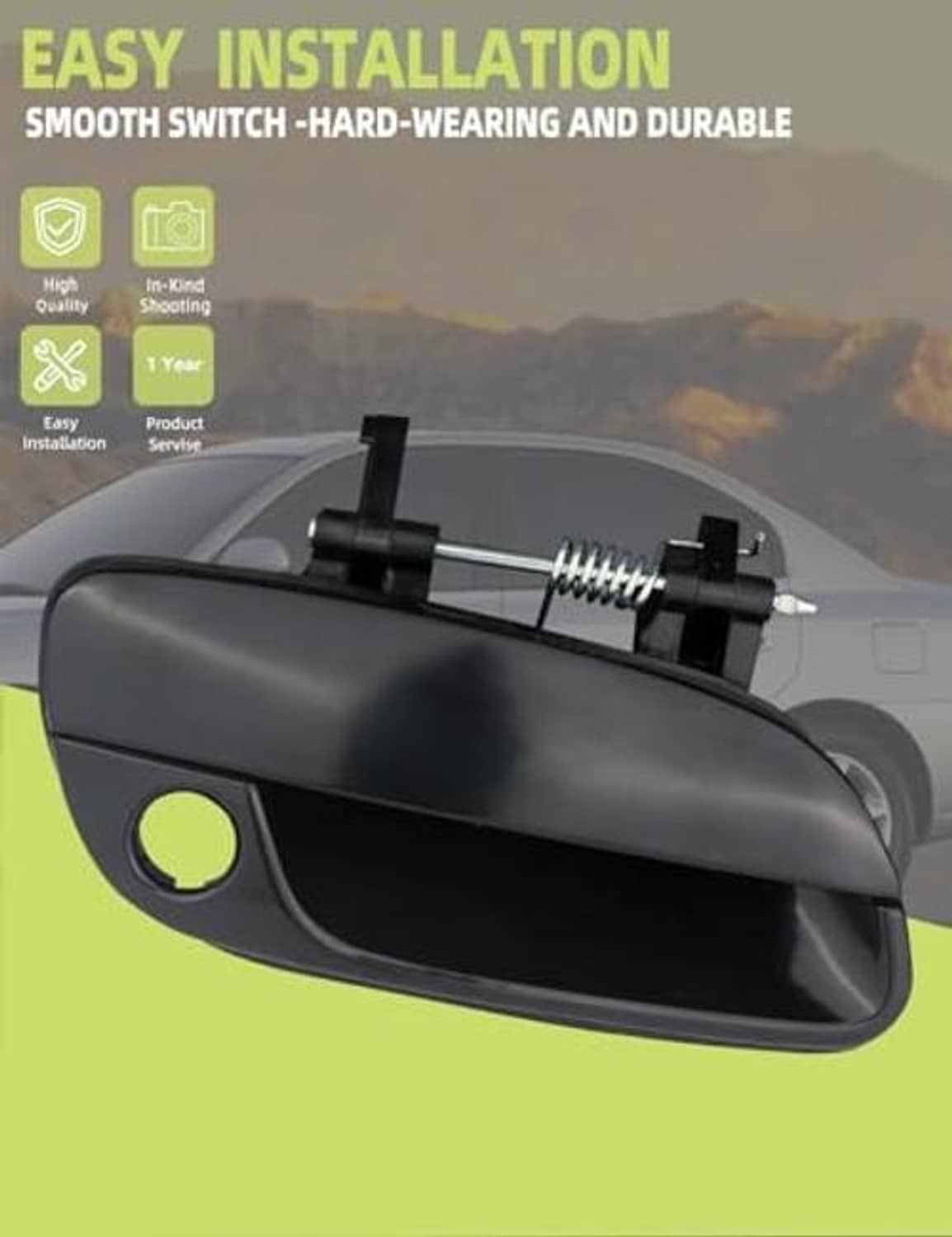 Dark gray/black passenger-side exterior door handle installed on car door