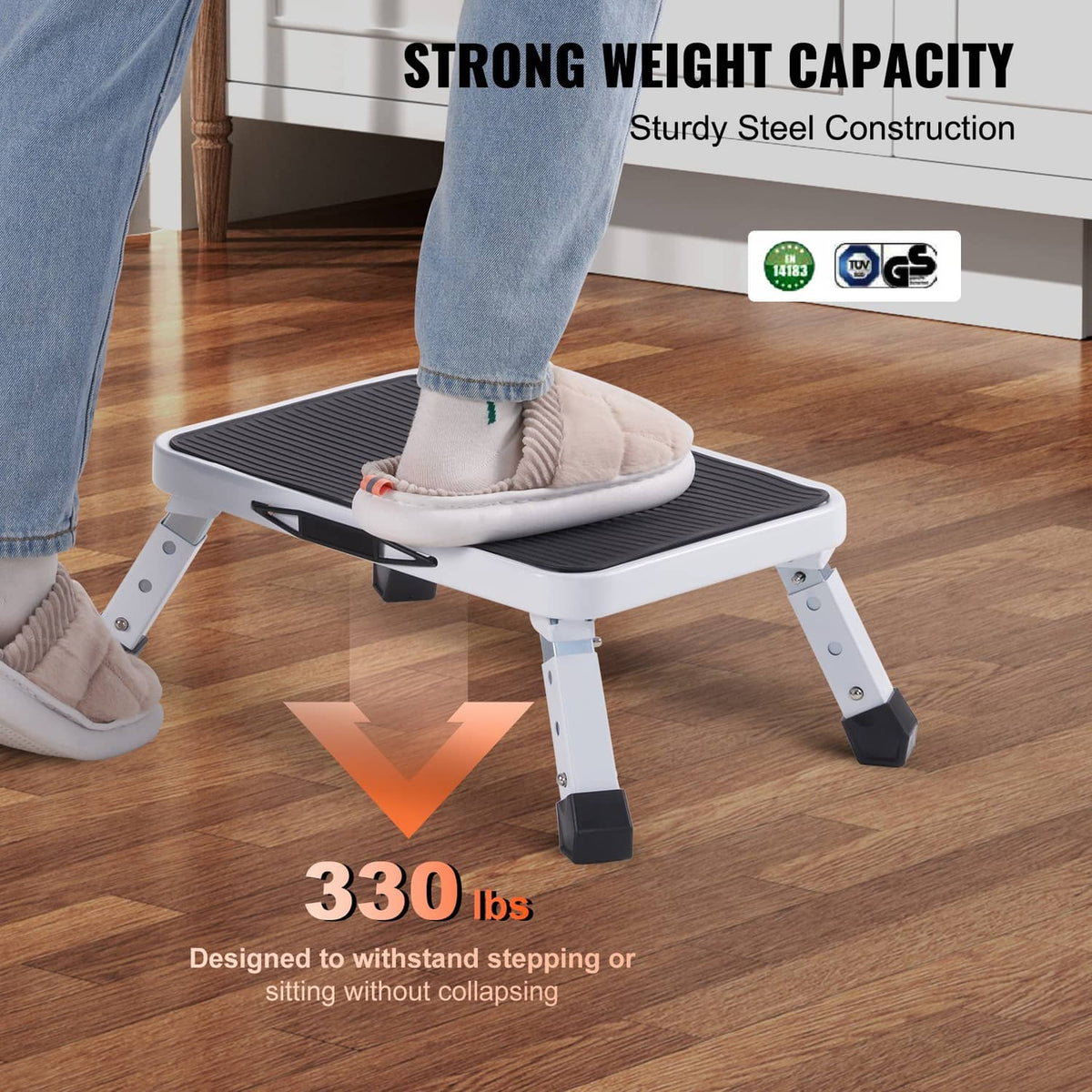 Step stool ladder with black non-slip platform and four rubber feet under foot