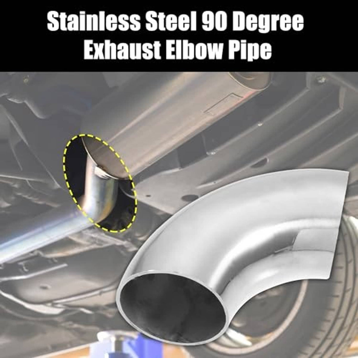 Stainless steel 90-degree exhaust elbow pipe with large round inlet, polished finish