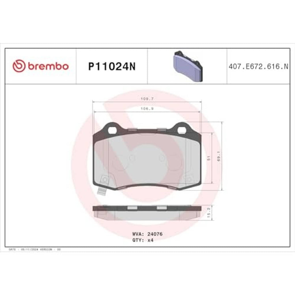 Ceramic rear disc brake pad dimensions diagram with model label P11024N