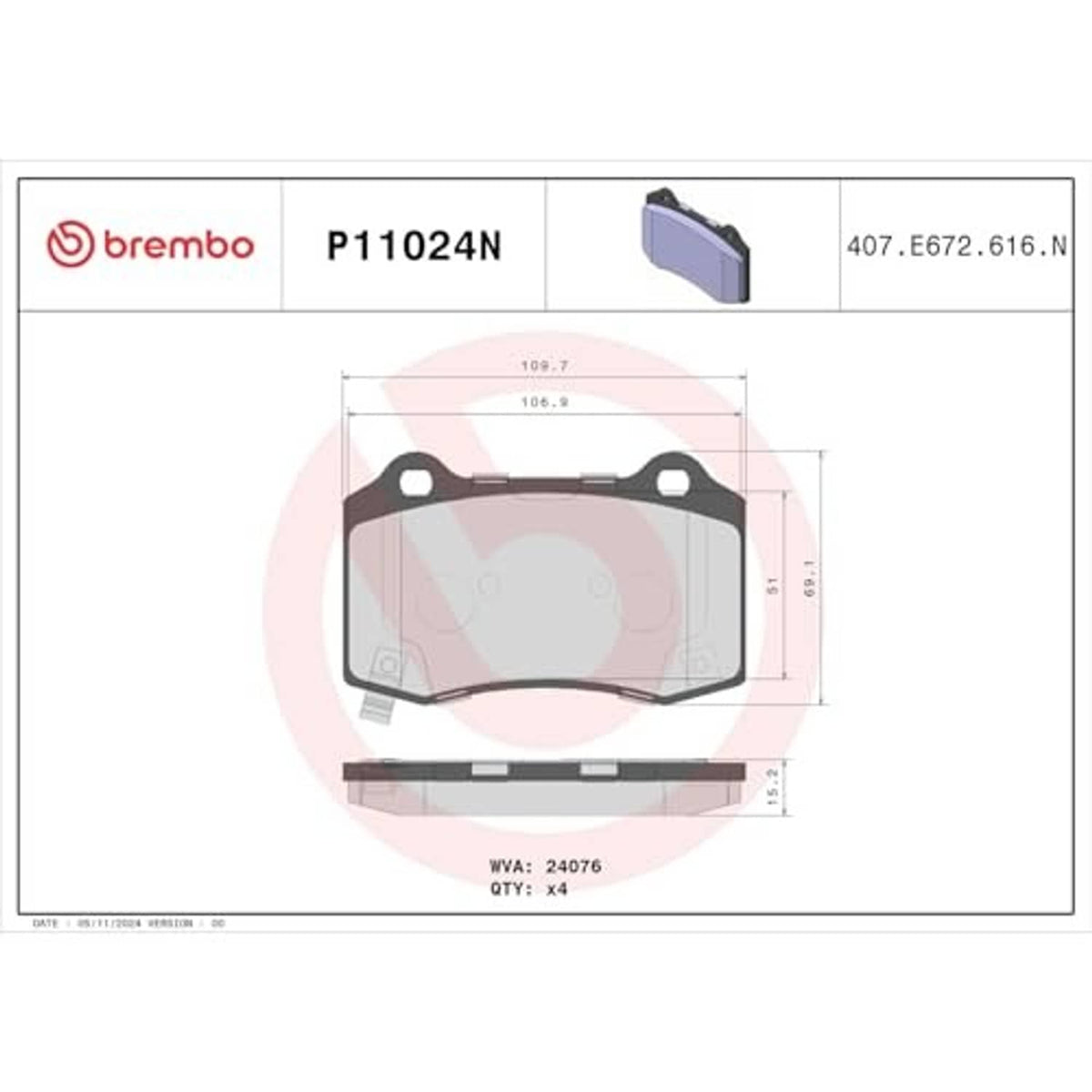 Ceramic rear disc brake pad dimensions diagram with model label P11024N