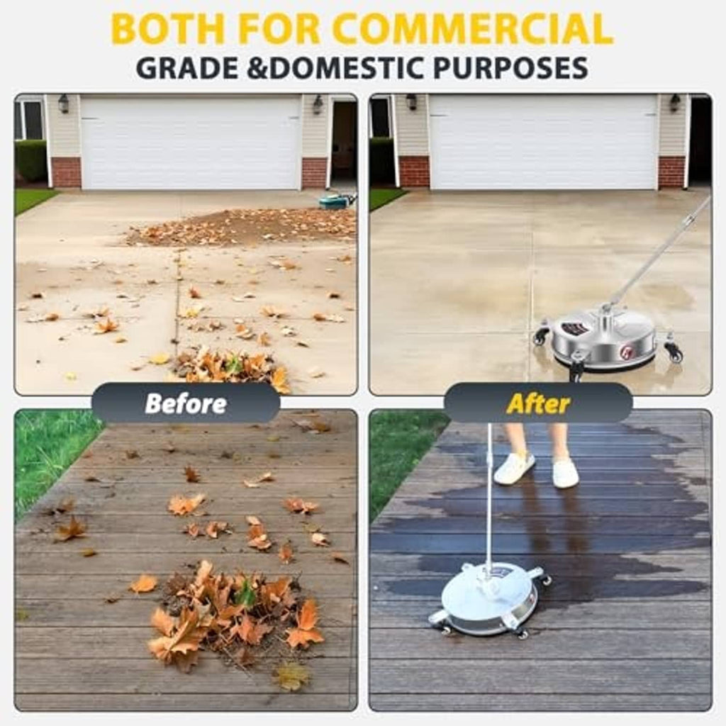 Pressure washer surface cleaner used on a wooden deck with caster wheels