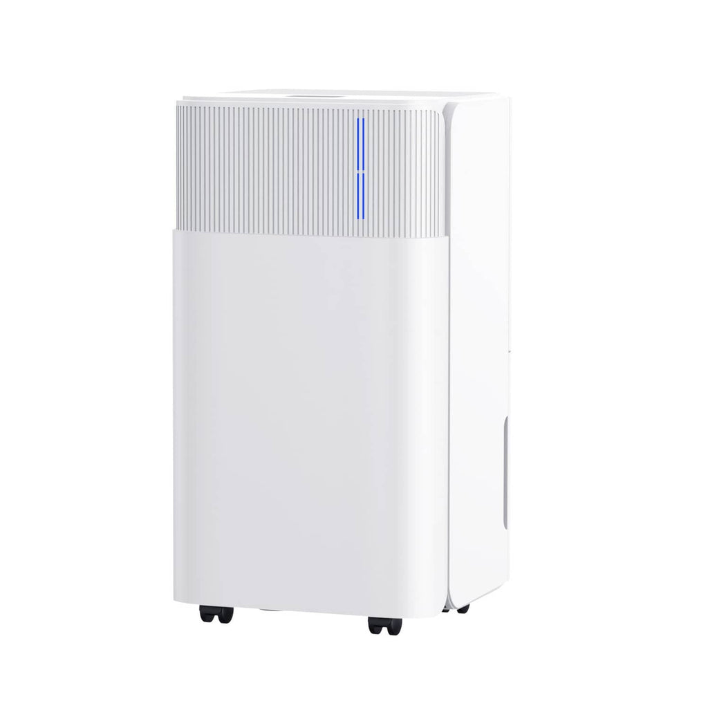 White dehumidifier side view with blue indicator strip and four caster feet