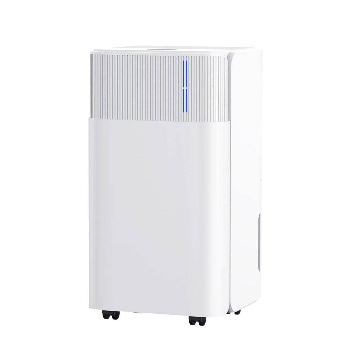 White dehumidifier side view with blue indicator strip and four caster feet