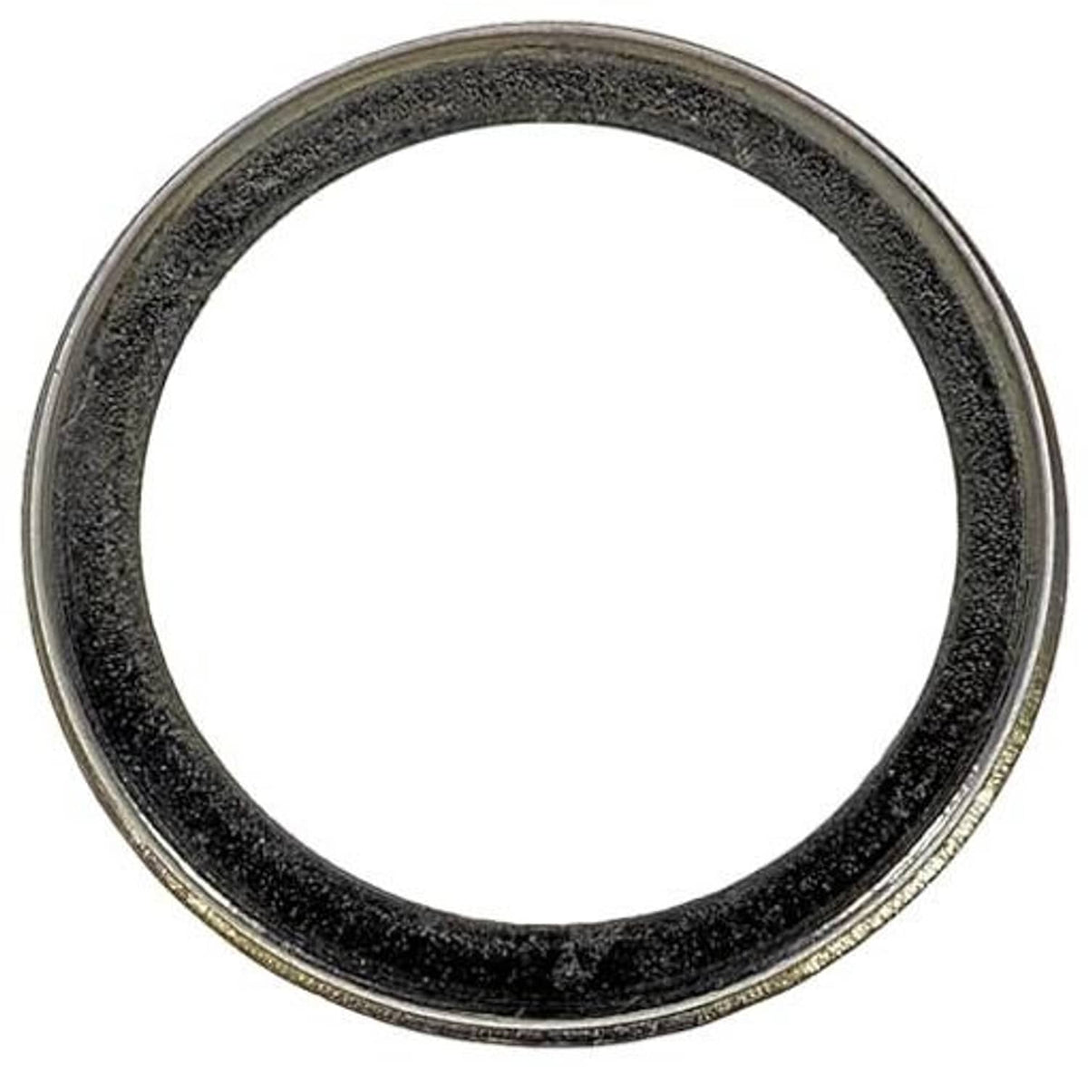 Crush drain plug gasket with textured black outer seal and silver metal backing