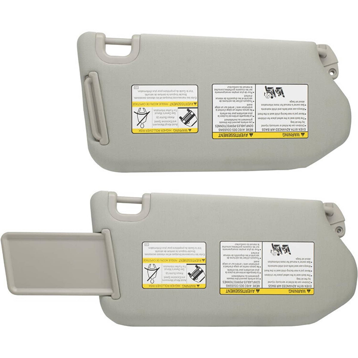 Gray sun visor with lamp, instruction labels on underside and hinged support arm