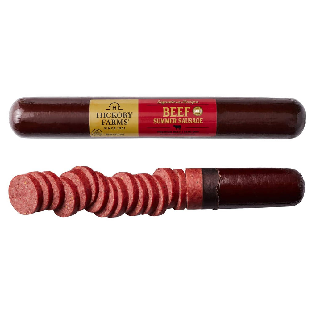 Hickory Farms Beef Summer Sausage log, sealed casing, dark red-brown color