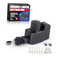 Black power door lock actuator with rod and two mounting connectors, plus screws and plate