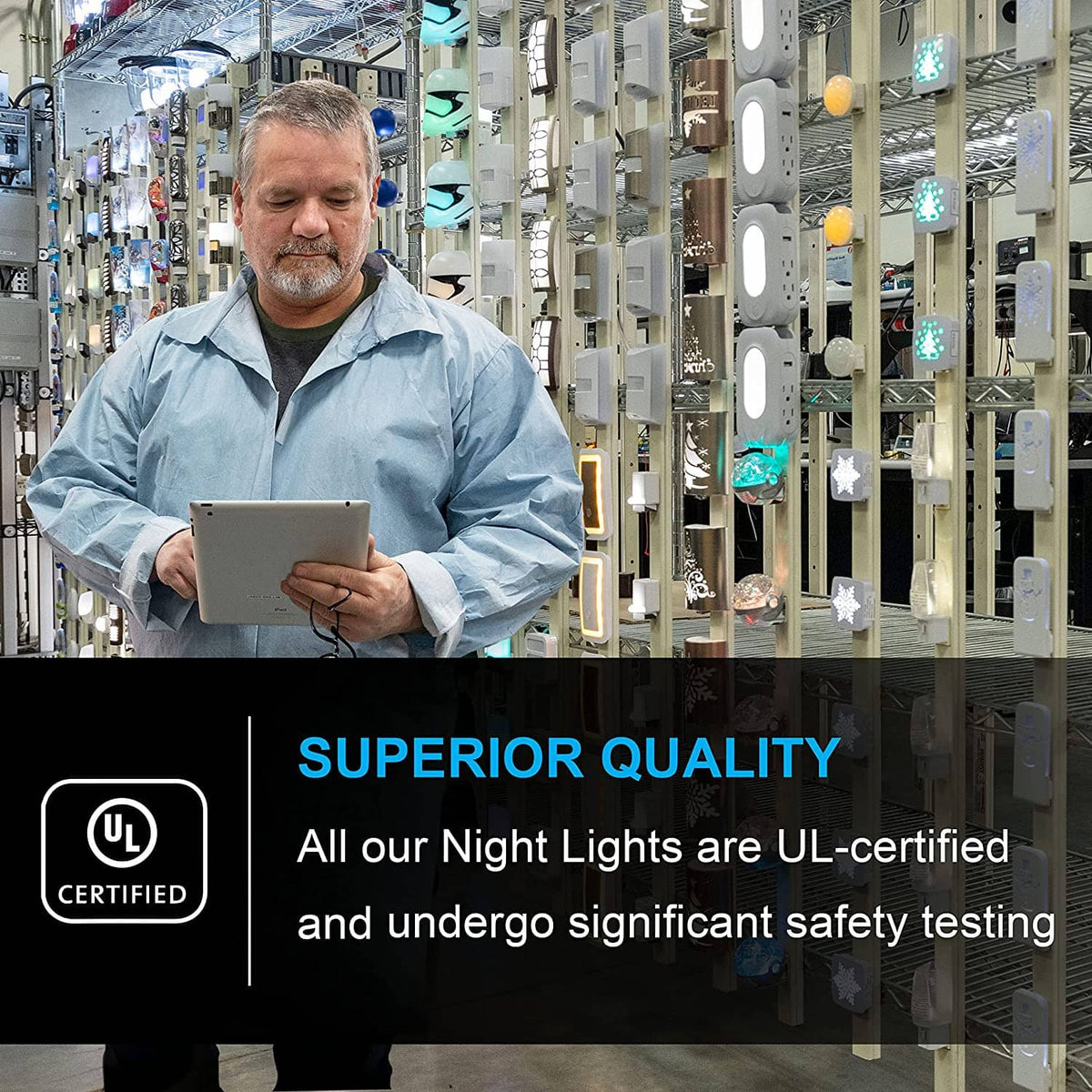 GE plug-in LED night lights lined up in manufacturing area for UL testing