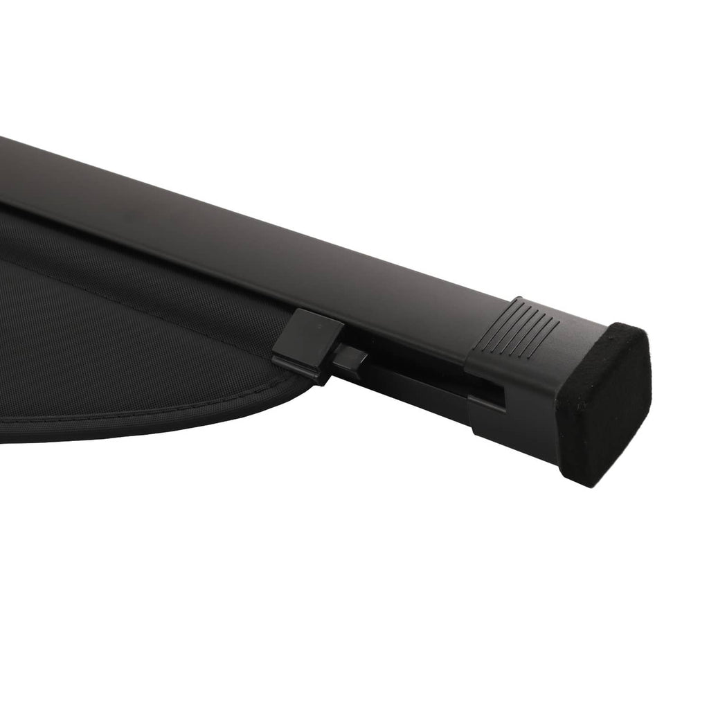 Retractable cargo cover end cap with mounting rail, black finish