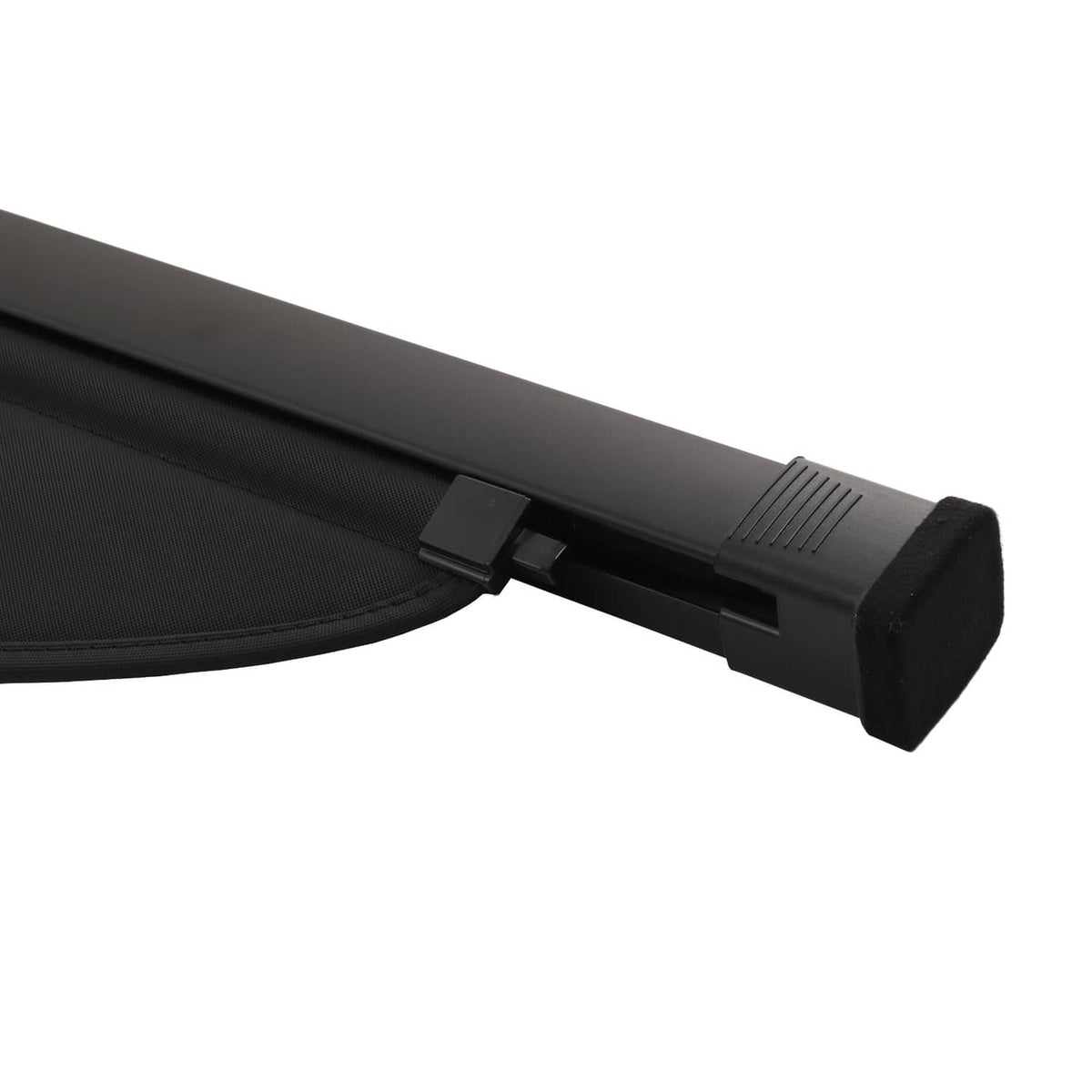 Retractable cargo cover end cap with mounting rail, black finish