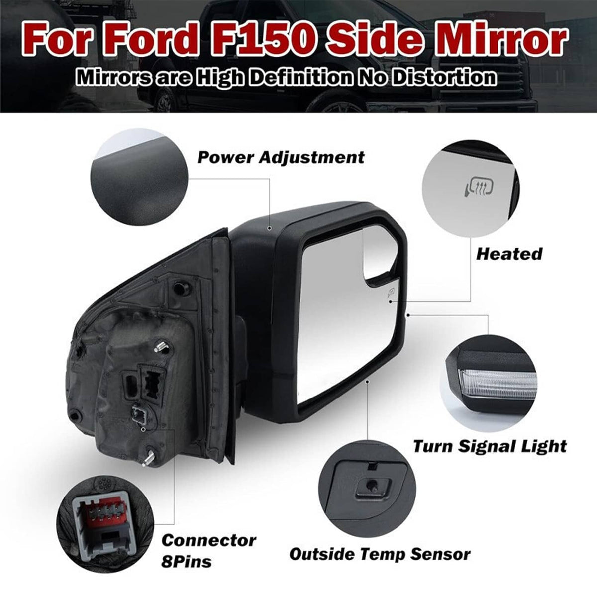 Heated power side mirror with turn signal light and black housing (8-pin)