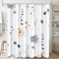 Blue and white floral shower curtain with hanging rings, full-length panel