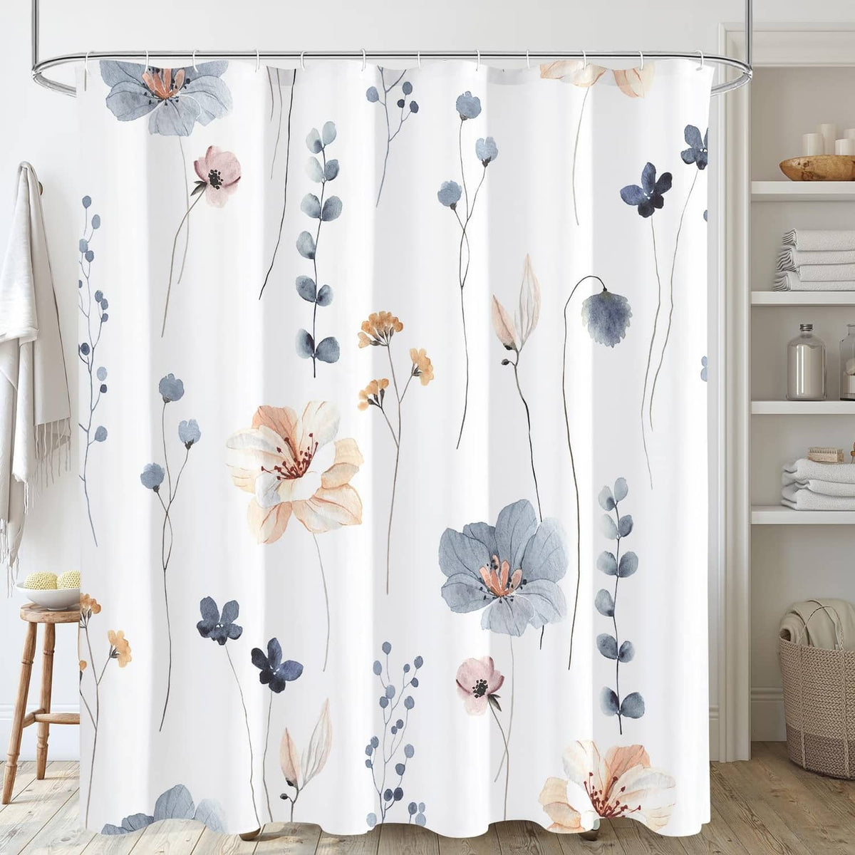 Blue and white floral shower curtain with hanging rings, full-length panel