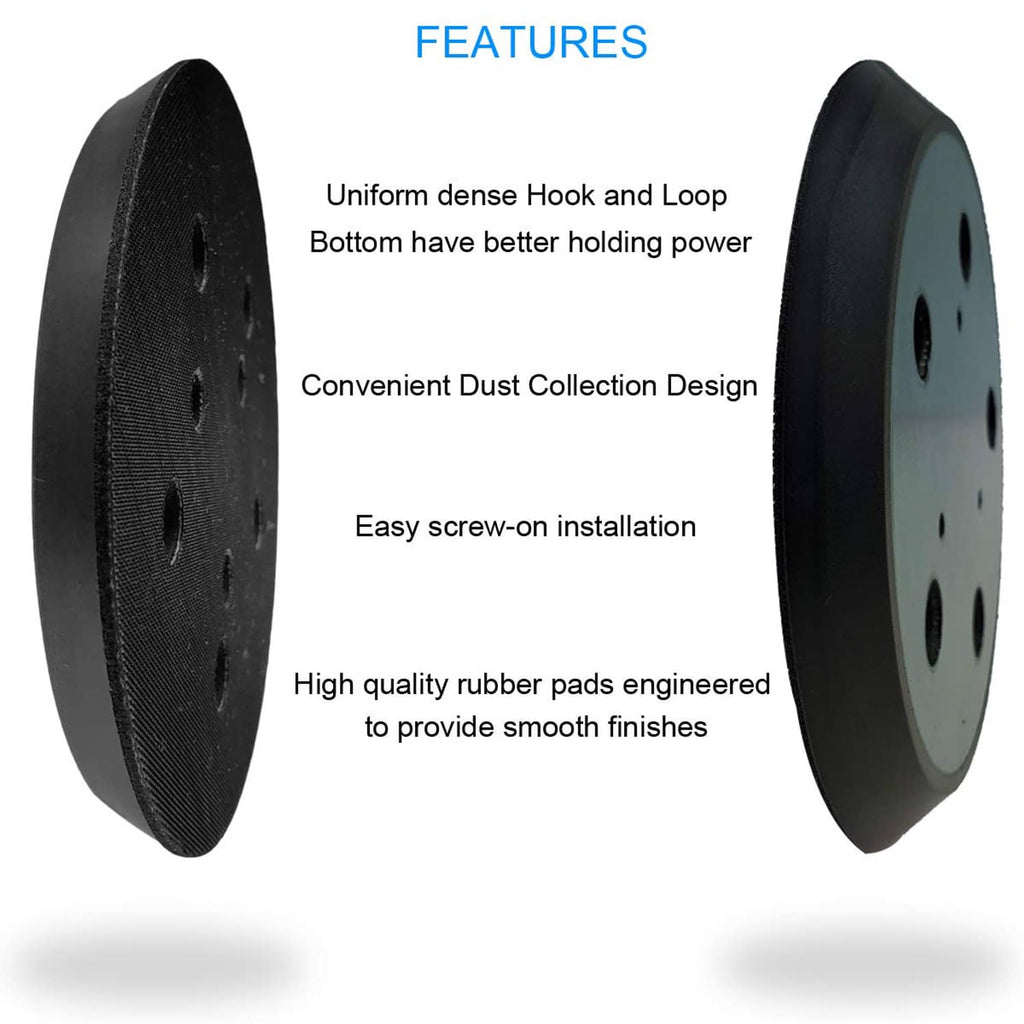 Black hook-and-loop sanding pad, front and back views with multiple dust extraction holes