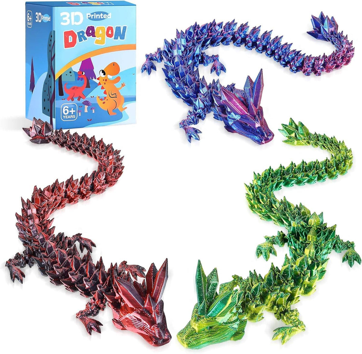 Retail set of 3 articulated crystal dragons, with blue, red, and green spiky bodies
