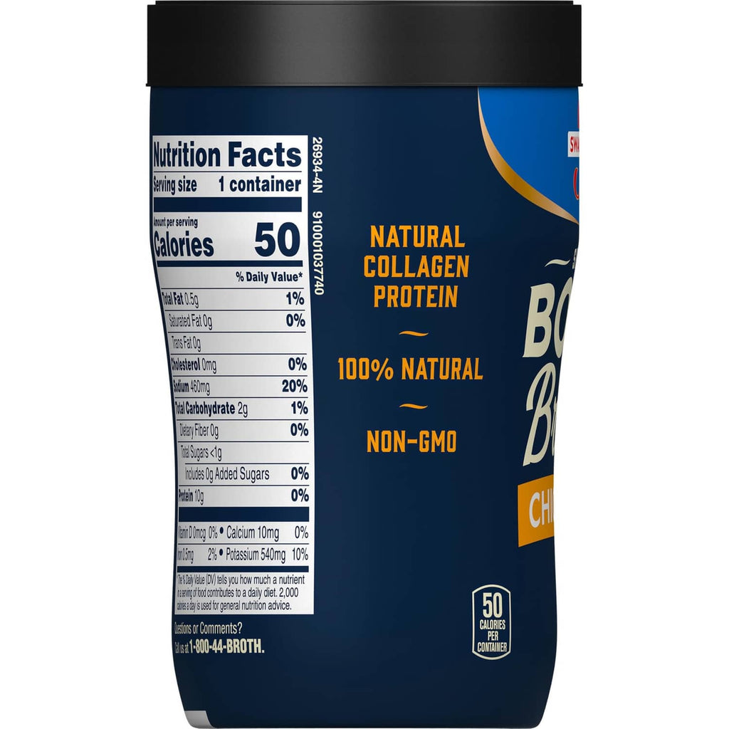 Bone broth cup side panel with Nutrition Facts, natural collagen protein claim