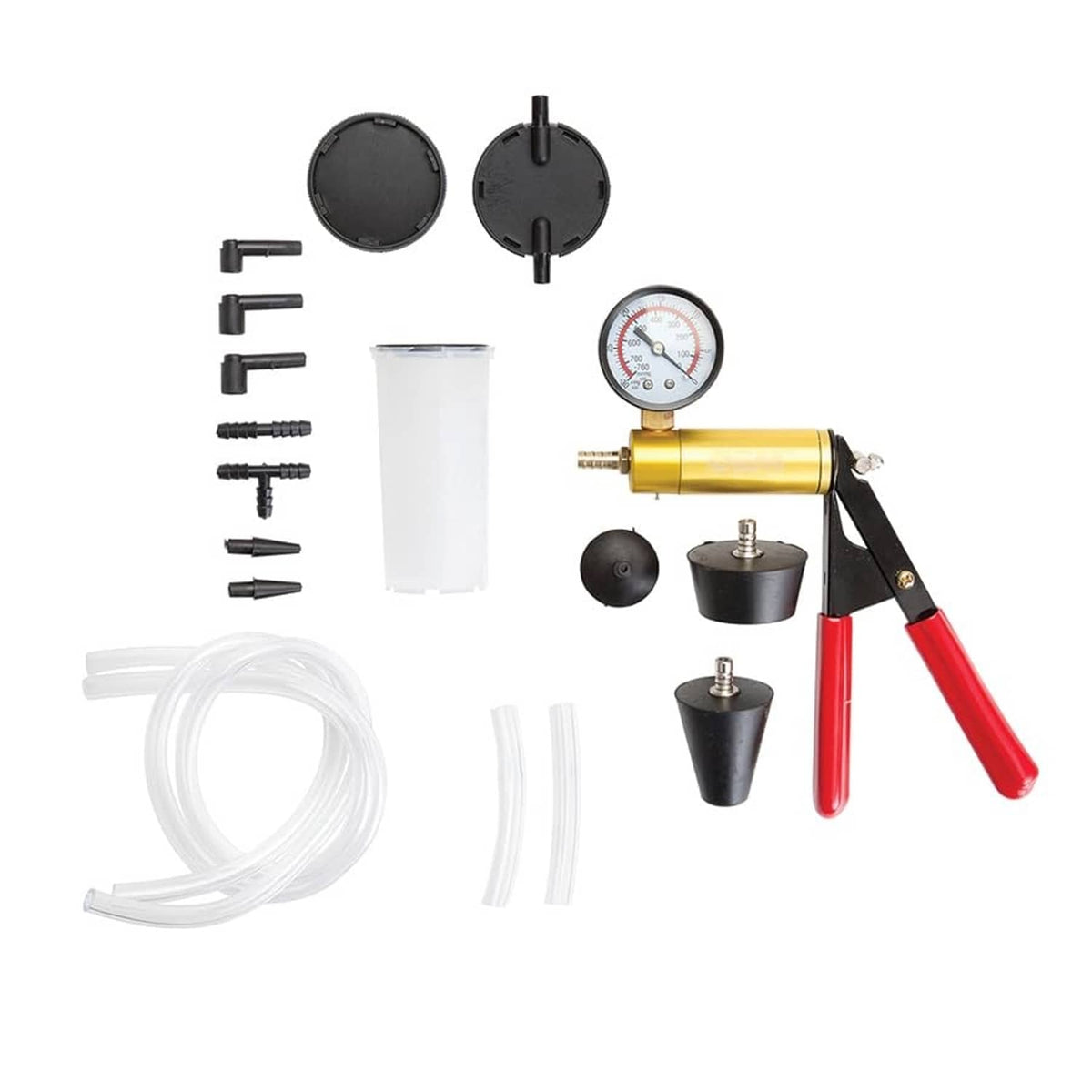 Brake bleeder vacuum pump tester set with gauge, hoses, adapters, and measuring cups