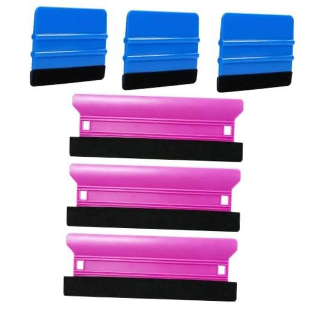 6-piece vinyl wrap squeegee set: blue and pink scrapers with black felt edges