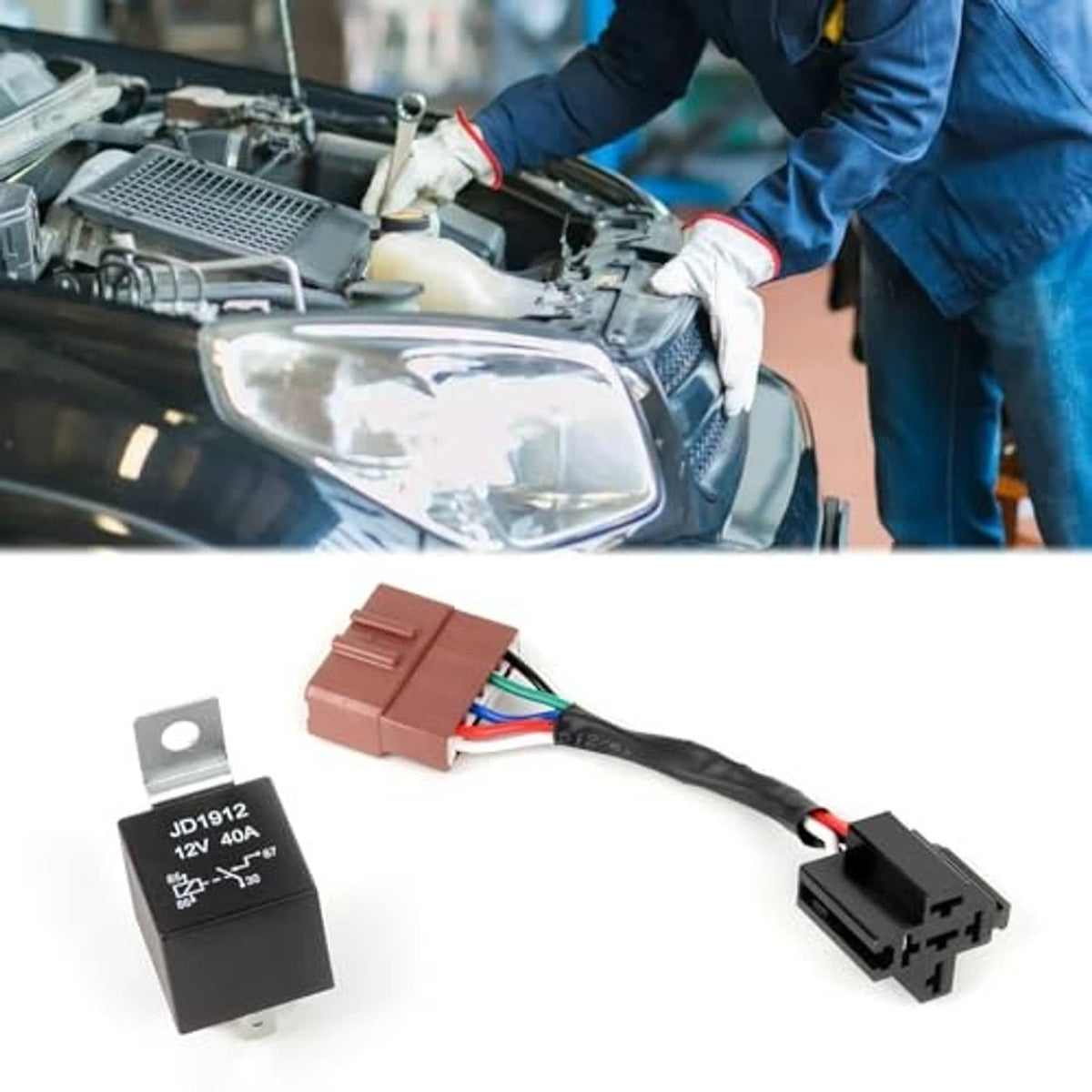 4-pin relay conversion kit with wiring harness, black relay, and brown connector plug