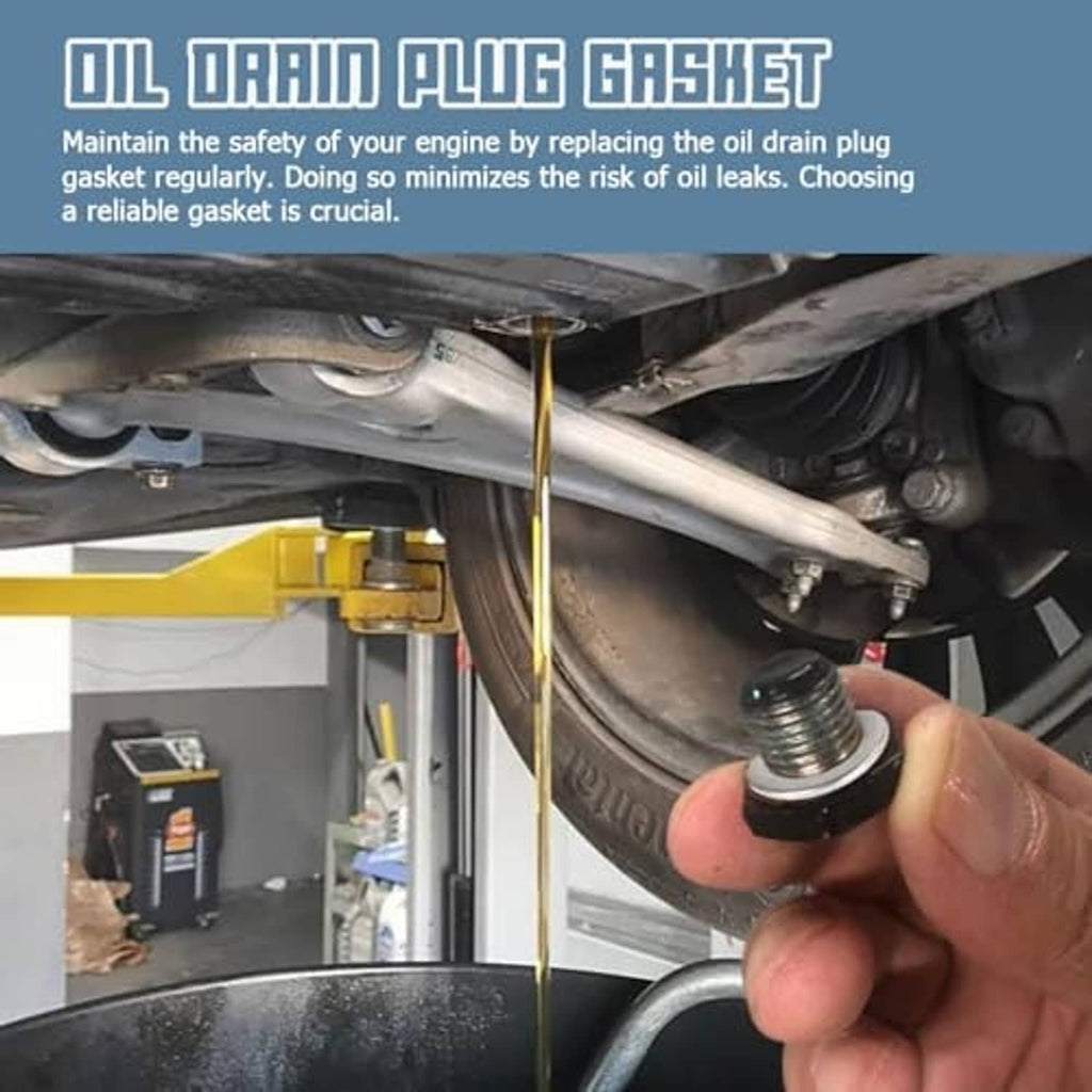 Hand holding oil drain plug with gasket washer, silver threaded plug and washer