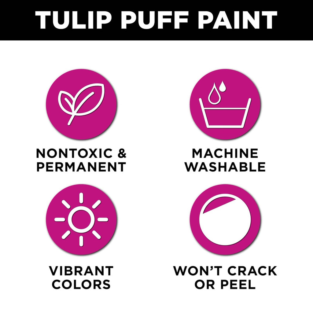 Tulip Puff Paint feature icons: non-toxic, machine washable, vibrant, won’t crack or peel.