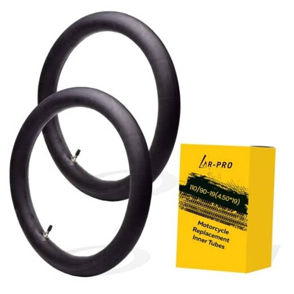 Two black motorcycle inner tubes with AR-PRO valves and included yellow box