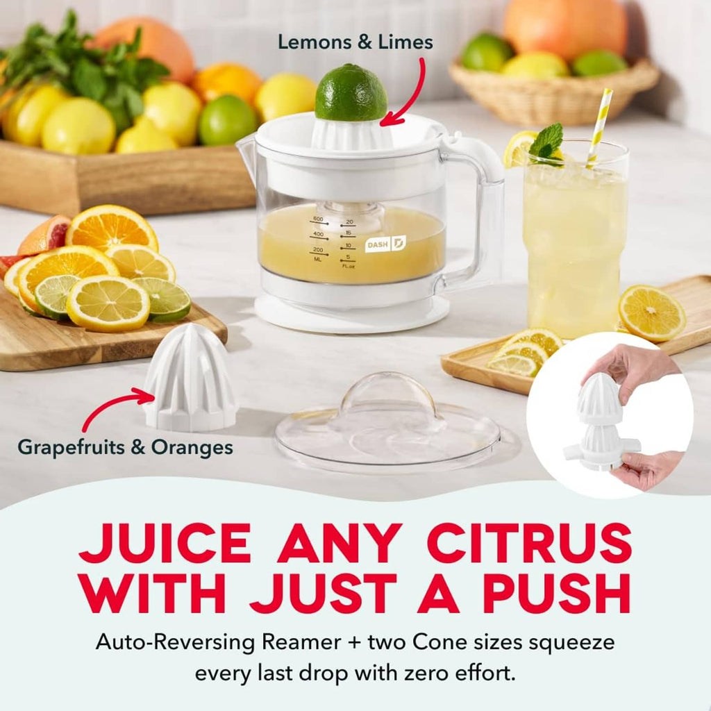 Dual citrus juicer set with clear pitcher, white reamer cone, and lid plus pulp container