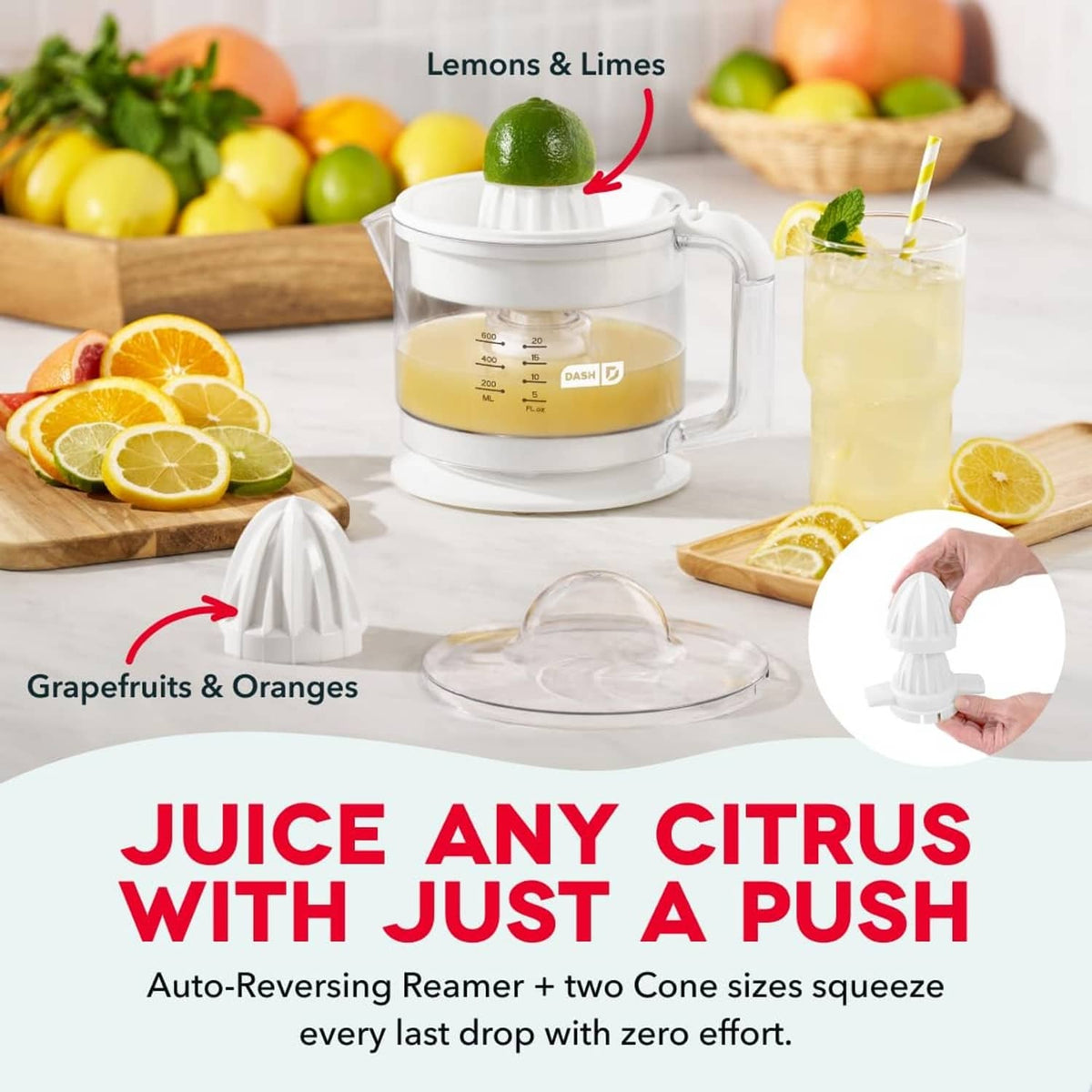 Dual citrus juicer set with clear pitcher, white reamer cone, and lid plus pulp container