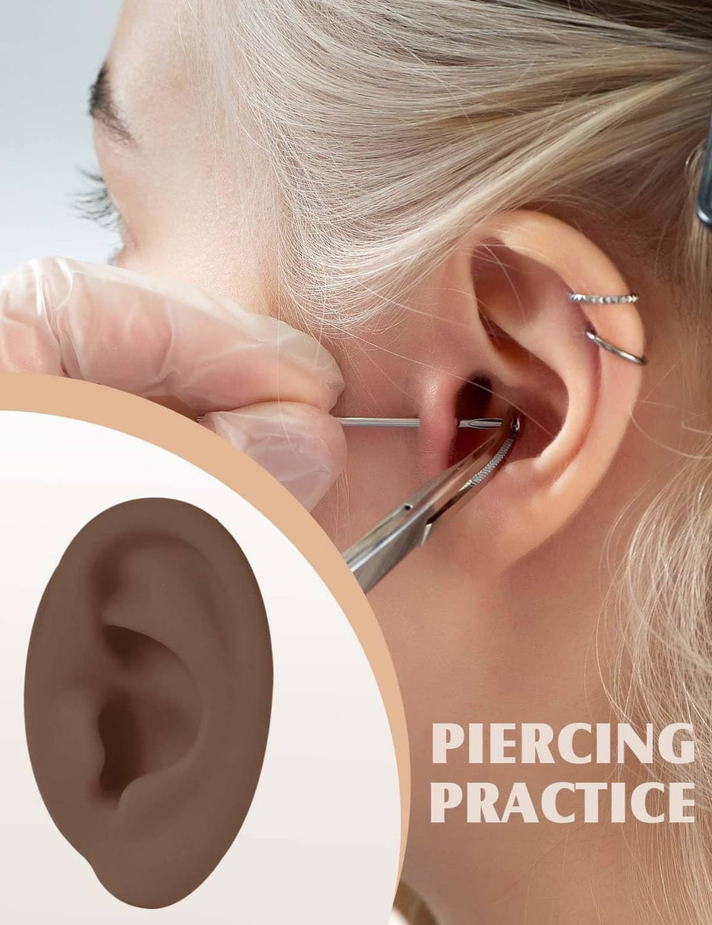 Dark brown silicone ear model placed on a person’s ear for piercing practice
