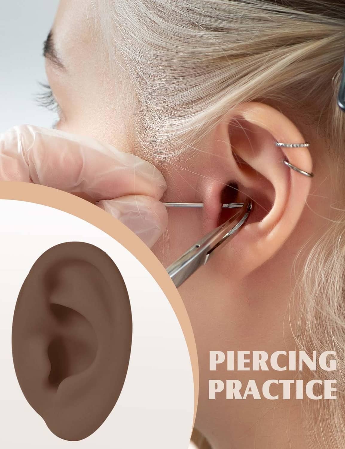 Dark brown silicone ear model placed on a person’s ear for piercing practice