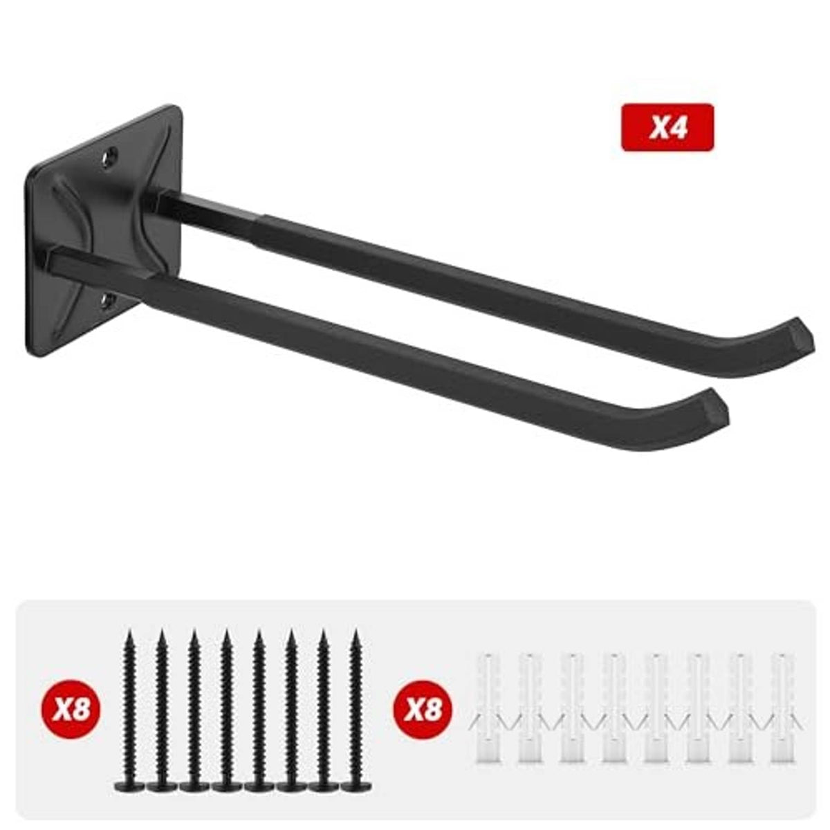 Single black steel wall storage hook with long curved arms; includes mounting hardware